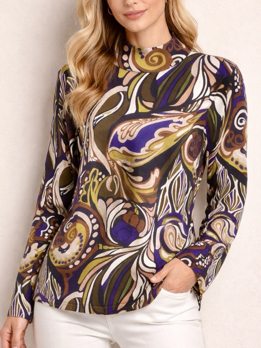 Chico's Women’s Size 2 (L) Abstract Paisley Knit Top Blue Olive Purple Mock Neck